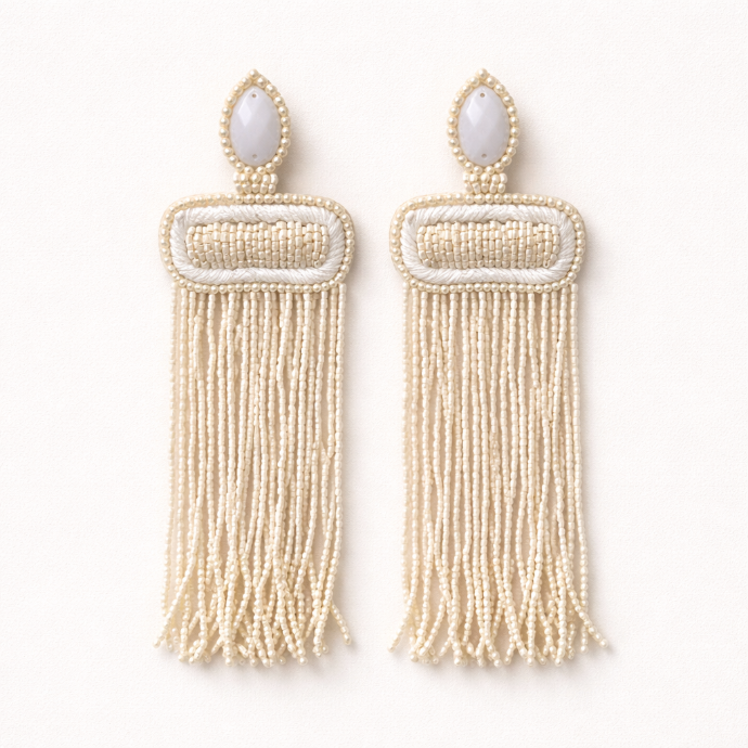 White Beaded Tassel Earrings