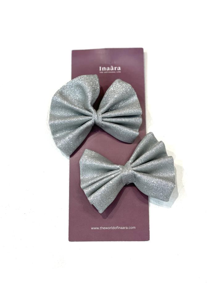 Glittered Bow Hair Clips- Gray