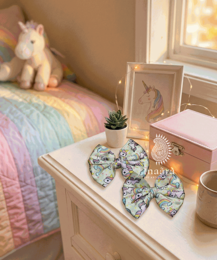Printed Bow Hair Clips- Yellow Unicorn