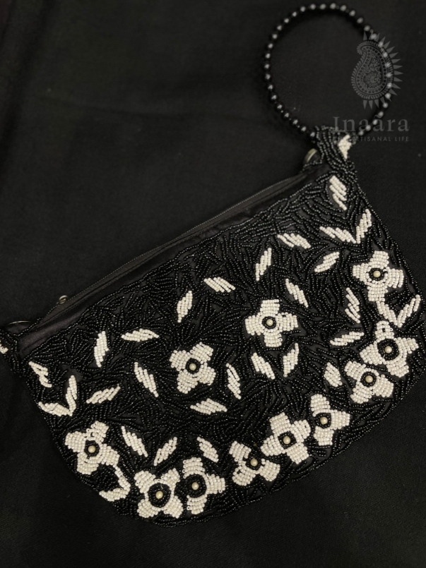 Floral Black Beaded Bag