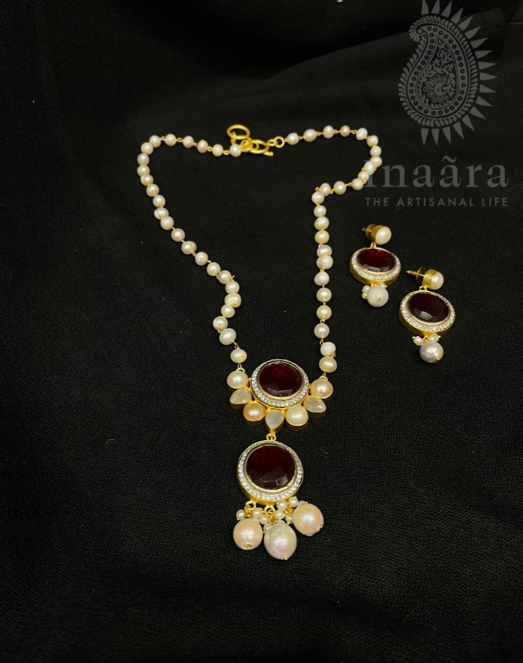Long Necklace Set Pearl w/Ruby Stone