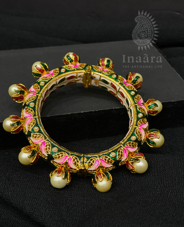 Oversized Pearl Meenakari Bangle- Lotus