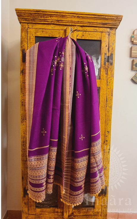 Mirror Work Bhujodi Full Shawl- Purple
