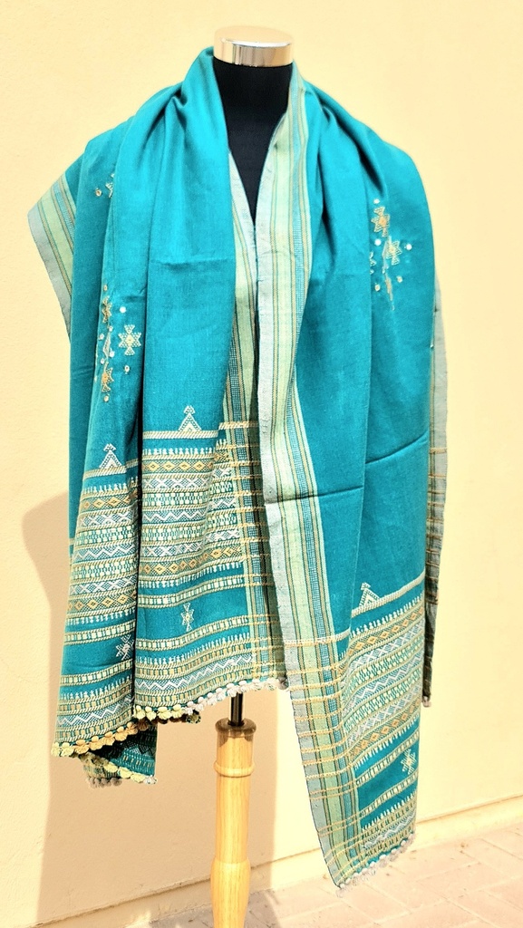 Mirror Work Bhujodi Full Shawl- Sky Blue