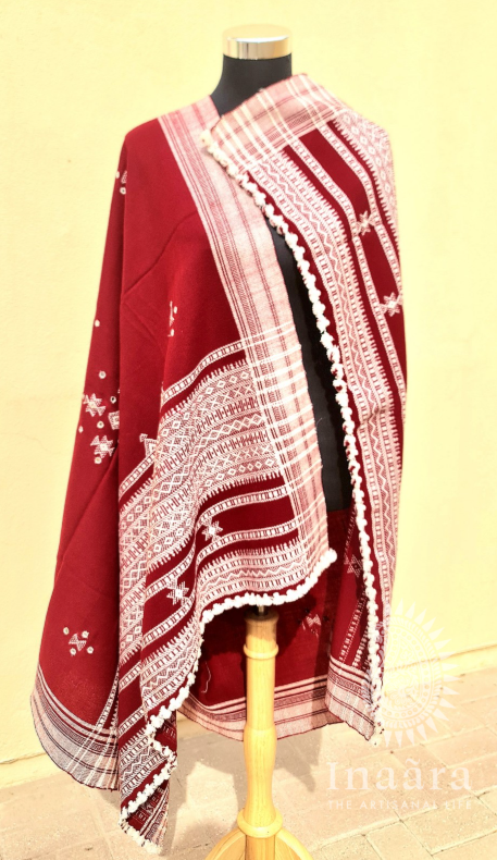 Mirror Work Bhujodi Full Shawl- Red