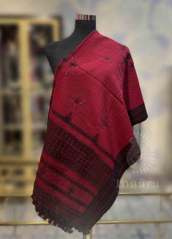 Mirror Work Bhujodi Full Shawl-Red Black