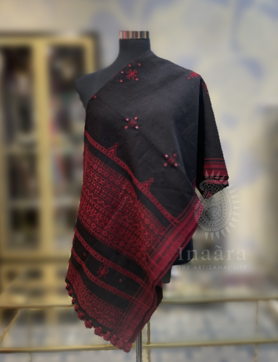 Mirror Work Bhujodi Full Shawl- Black/Maroon