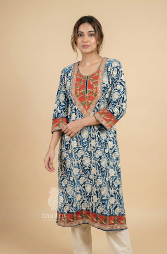 Aari Embroidery Velvet Kurti - Dark Blue