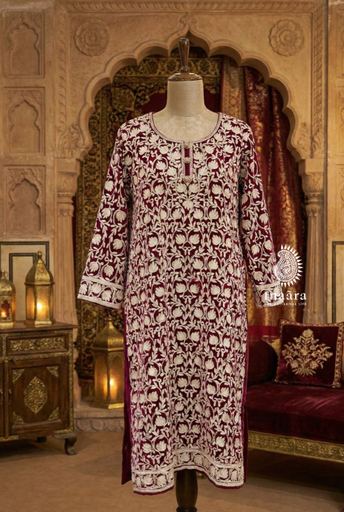Aari Embroidery Velvet Kurti - Maroon