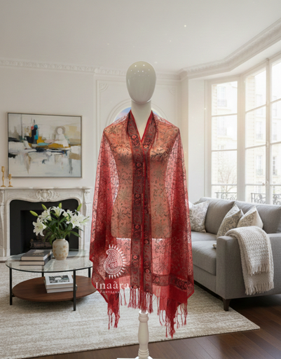 Floral Blockprinted Organza Dupatta-Red