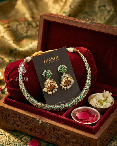 Meenakari Choker Necklace Set-Green