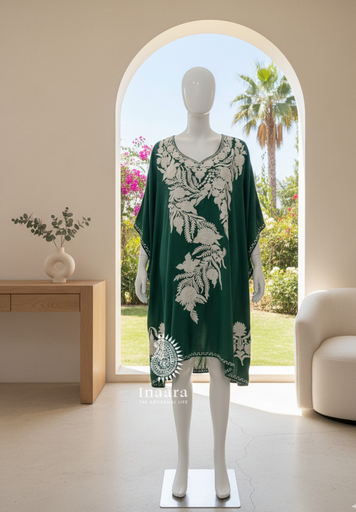 Short Kaftan White Embroidered-Green