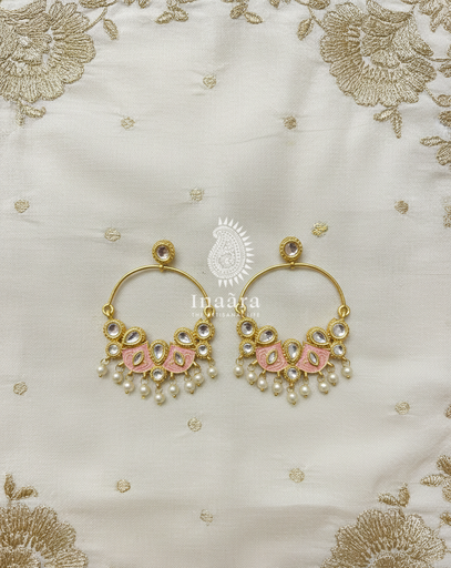 Kundan&Pearl Earring w/Pink Meenakari Work