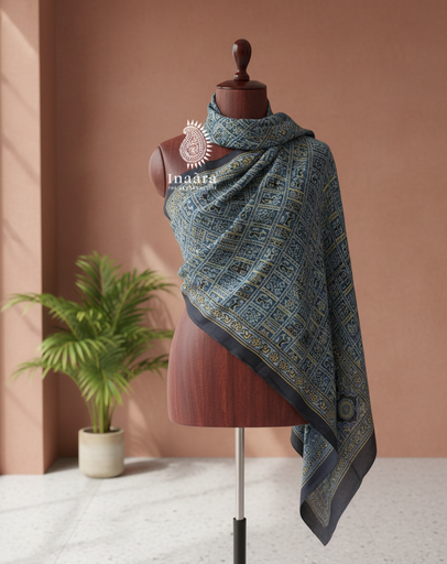 Modal Silk Ajrakh Dupatta-Blue/Square Pattern