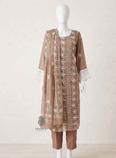 Chiffon Chikan Suit-3pc/Brown