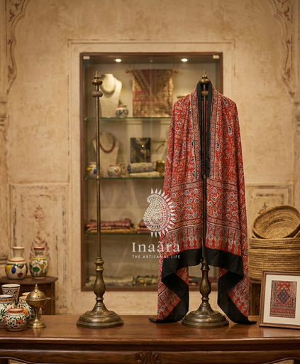 Ajrakh Dupatta-Red/Flowers