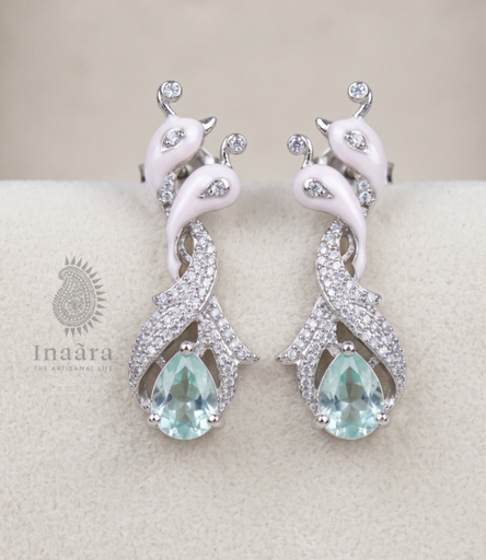 Enamel Zirconia Peacock Motif Earrings-Blue