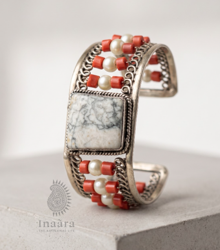 Silver -Toned  Cuff Bracelet - White Turquoise