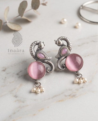 Silver-toned Peacock Motif Earrings- Pink
