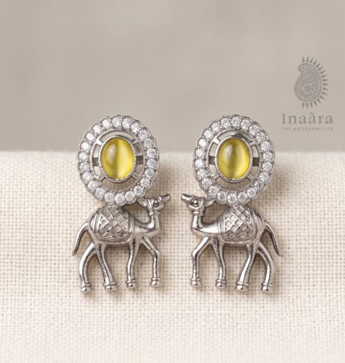 Camel Silver Toned Motif Earrings - yellow