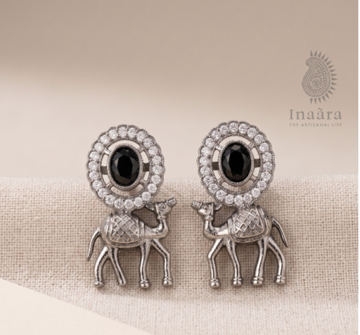 Camel Silver Toned Motif Earrings - Black