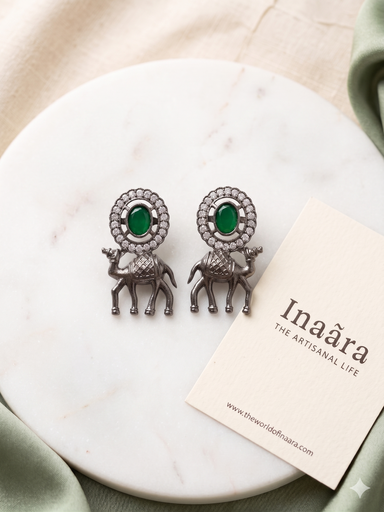 Camel Silver Toned Motif Earrings - Green