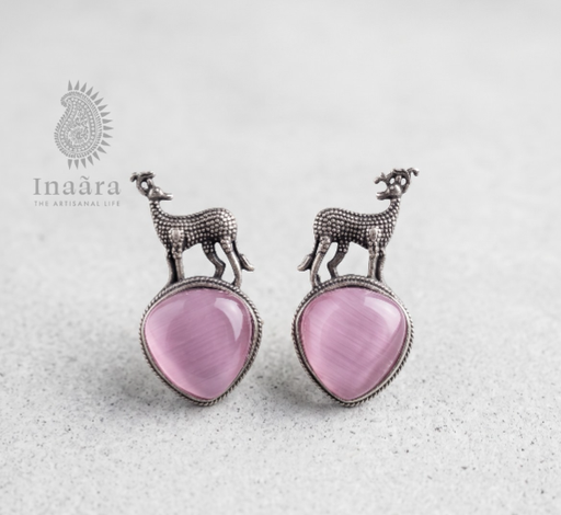Silver-toned Deer Motif Earrings - Pink