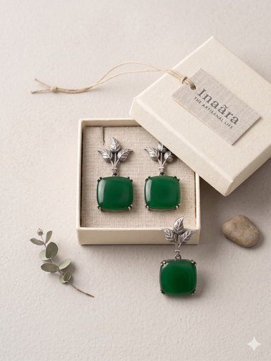 Silver-toned Leaf Motif Earrings- Green