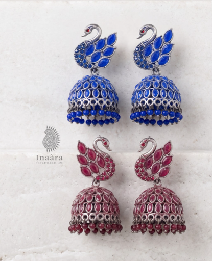 Peacock Jhumka Earring - Blue & Red