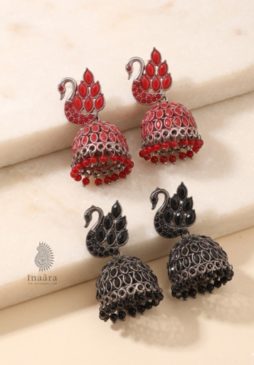 Peacock Jhumka Earring - Red & Black