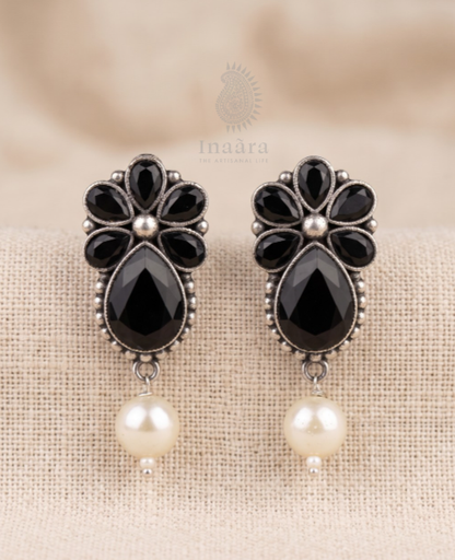 Onyx Floral Pearl Drop Earrings