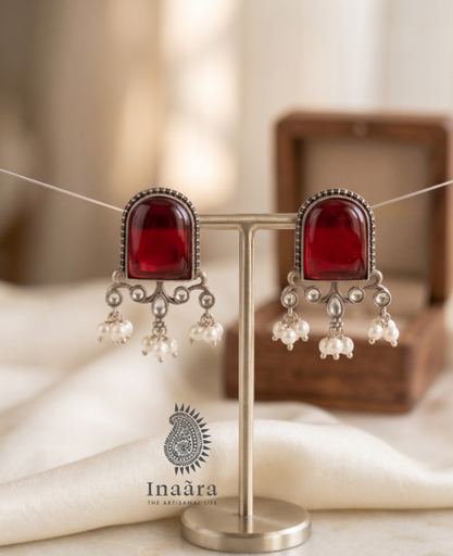 Antiqued Red Stone Earrings with Pearl Droplets