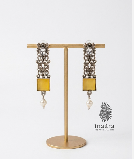 Oxidized Geometric Yellow Stone Pearl Earrings