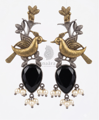 Artisanal Birds & Black Floral Motif Earrings