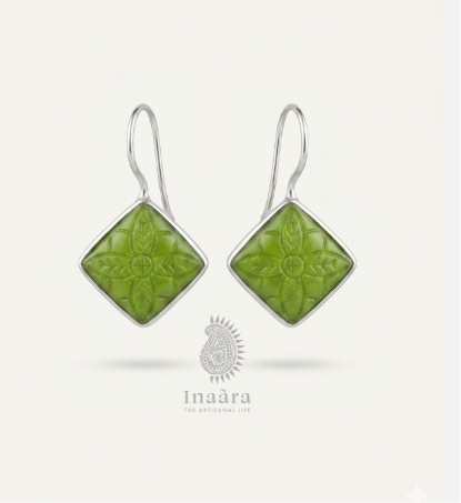 Silver Rhombus Green Stone Danglers