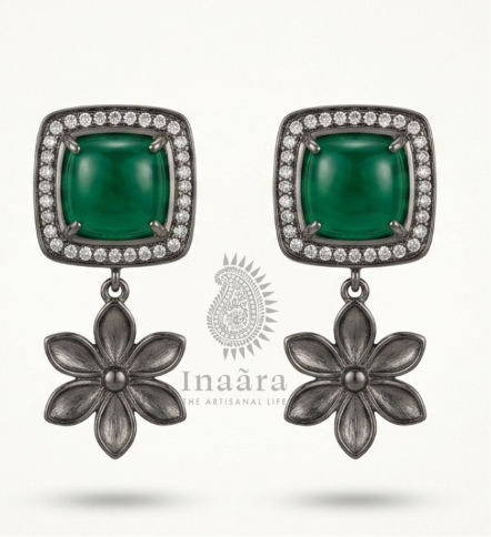 Oxidized Crystal Flower Drops Earrings
