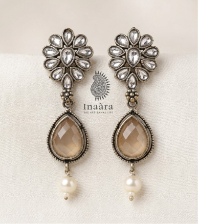 Oxidized Crystal Flower Pearl Danglers