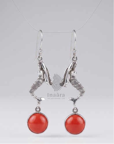 [earrings,bindiya,jewellery] Silver Mermaid Dangle Earrings - Red
