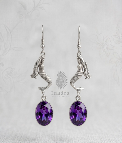 [earrings,jewellery,dangles,bindiya] Silver Mermaid Dangle Earrings-purple