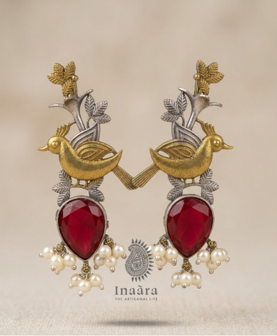 Artisanal Birds & Red Floral Motif Earrings