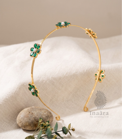 Flower  Kundan Headband-Green