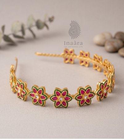 Handmade Kundan Headband Flower -Red 