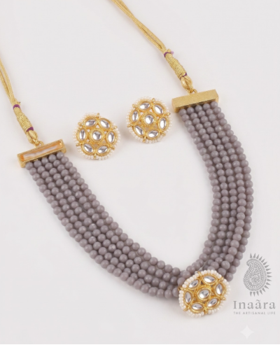 Grey Beaded Kundan Set