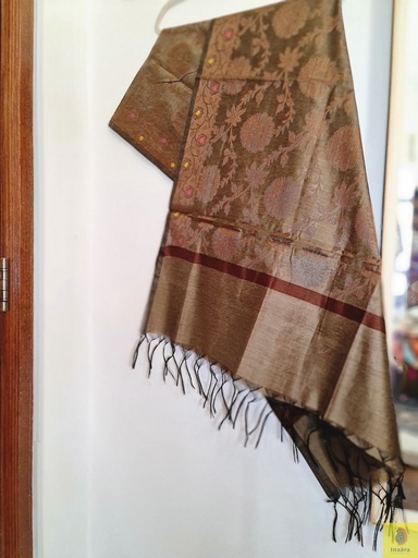 [inaara_sp00042] Banarasi Cotton - Silk Dupatta -Mehendi