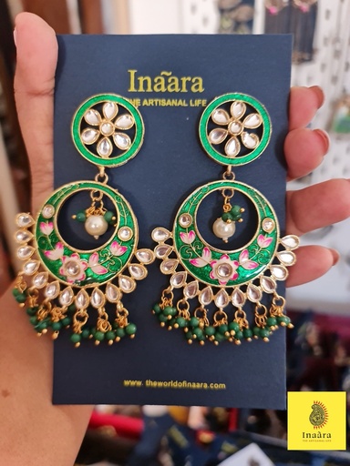 [inaara_sp00260] Green Enamel Painted Meenakari Earrings