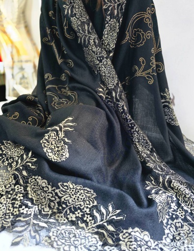 [inaara_sp00436] Nazakat Lace Trimmed Cashmere Shawl-Black