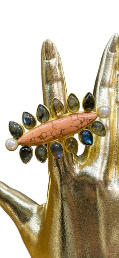 Burning Wood Jasper with Labradorite Adjustable Ring