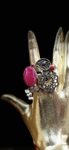 Oxidized Fuchsia Agate Stone Adjustable Ring
