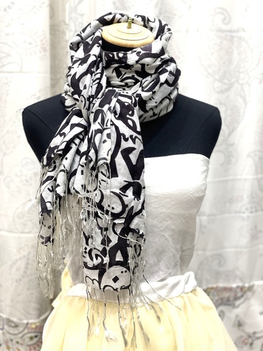 Fine Wool Stole/Scarf-White Black Prints