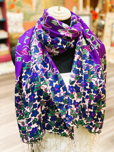 Fine Wool Stole/Scarf- Floral Purple/Blue